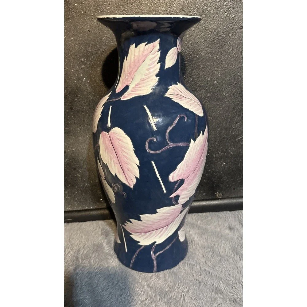 Vintage Hand Painted Blue Ceramic Glass Vase Pink Leaves Design 14.5”Tall 21”end